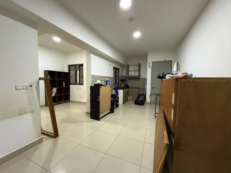 Room features: white painted walls, tile flooring, recessed ceiling lights, open layout, built-in shelving unit, wooden cabinets, mirror, window with black frame, kitchenette area, visible clutter, neutral color scheme; style: modern.