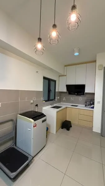 Kitchen features: white cabinetry, grey tiled backsplash, black built-in oven, stainless-steel sink, chrome pull-down faucet, white countertop, recessed downlights, 3 pendant lights with wire cages, washing machine, black floor mat, large window, ceramic tile flooring; style: modern.