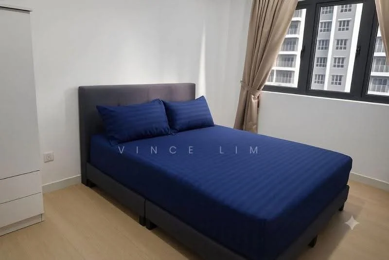 Bedroom features: king-size bed with blue bedding, upholstered headboard, two decorative pillows, light wood flooring, white painted walls, floor-to-ceiling windows, curtains in beige, built-in wardrobe with sliding doors; style: modern.