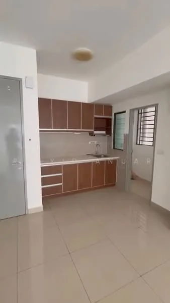 Kitchen features: brown cabinetry, white countertop, single-bowl stainless-steel sink, chrome pull-down faucet, built-in oven, freestanding range oven, ceramic tile flooring, recessed downlights, window with grill, open shelving; style: modern.