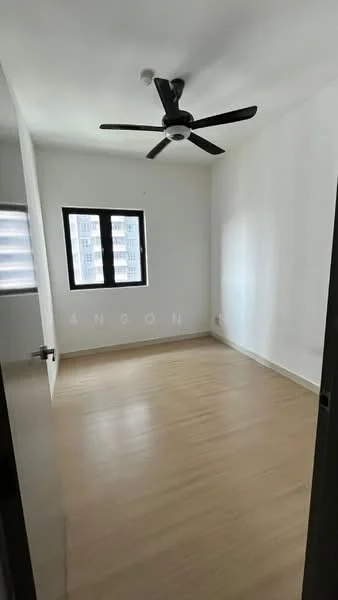 Bedroom features: white painted walls, light wood flooring, 5-blade ceiling fan, floor-to-ceiling window, black window frames, no visible furniture, neutral decor, natural light; style: modern.