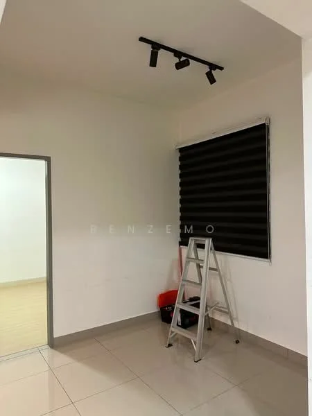 Room features: white painted walls, tile flooring, track lighting, black roller blinds, step ladder, storage box.
