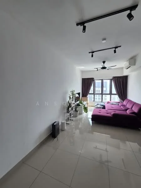 Living features: purple L-shape sectional sofa, white coffee table, floor-to-ceiling windows, curtains in dark brown, ceiling fan, recessed downlights, white painted walls, glossy tile flooring; style: modern; view: city.