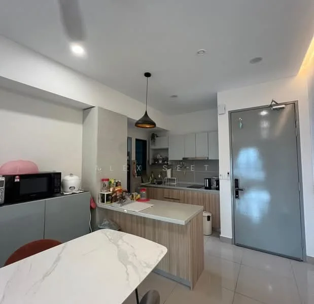 Kitchen features: white painted walls, light grey cabinetry, marble countertop, stainless-steel sink, chrome pull-down faucet, built-in microwave, freestanding range oven, refrigerator, pendant light, tile flooring, open shelving, kitchen island, bar stools; style: modern.