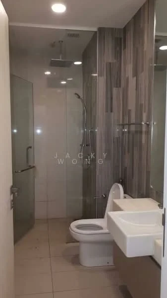 Bathroom features: walk-in shower with glass enclosure, rain shower head, handheld shower, single-sink vanity with wall-mounted cabinet, chrome basin mixer, toilet, tile cladding on walls, ceramic tile flooring, recessed downlights, mirror above vanity; style: modern.