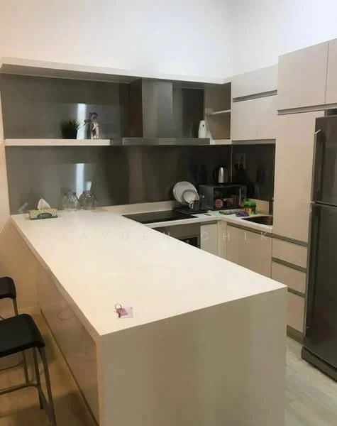 Kitchen features: white quartz countertop, stainless-steel appliances, built-in oven, freestanding fridge, white cabinetry, open shelving, kitchen island with seating, stainless-steel sink, chrome pull-down faucet, ceramic tile flooring, modern design, minimalist style; style: modern.