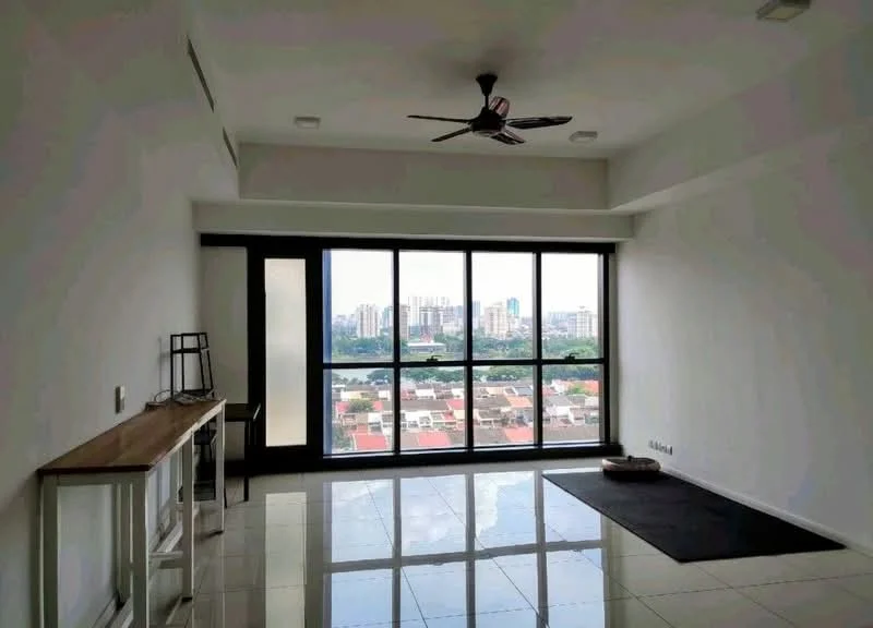 Living features: floor-to-ceiling windows, sliding glass door, 5-blade ceiling fan with light, white painted walls, glossy tile flooring, black area rug, wooden console table, city skyline view; style: modern; view: city.