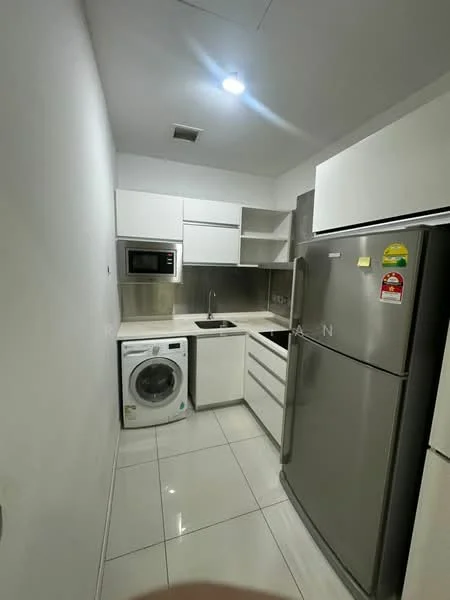 Kitchen features: white cabinetry, stainless-steel refrigerator, built-in microwave, stainless-steel sink, chrome pull-down faucet, white countertop, ceramic tile flooring, washing machine, recessed LED downlights, open shelving; style: modern.