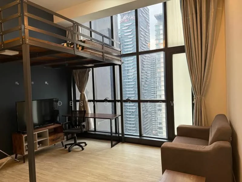 Living features: lofted bed frame, floor-to-ceiling windows, grey accent wall, light wood flooring, sofa in brown fabric, TV console with storage, black office chair, desk, curtains in beige, city skyline view; style: modern; view: city.