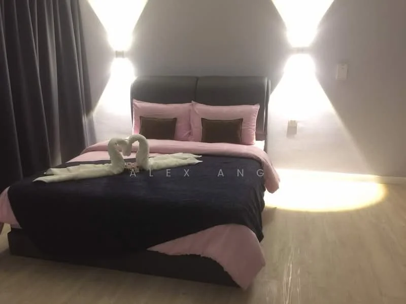 Bedroom features: king-size bed, upholstered headboard, pink bedding, dark blue throw blanket, two brown decorative pillows, wall-mounted reading lights, grey painted walls, light wood flooring, floor-to-ceiling curtains; style: modern.