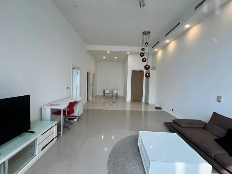 Living features: large floor-to-ceiling windows, white painted walls, high ceiling, recessed downlights, pendant light fixture with multiple bulbs, grey area rug, brown fabric sectional sofa, white coffee table, TV console, wall-mounted TV, study desk with red chair, polished tile flooring; style: modern.