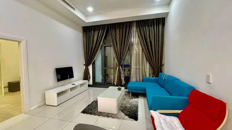 Living features: blue fabric sofa, red armchair, white coffee table, black area rug, wall-mounted TV, white TV console, floor-to-ceiling windows, sheer curtains, recessed downlights, white painted walls, glossy tile flooring; style: modern.