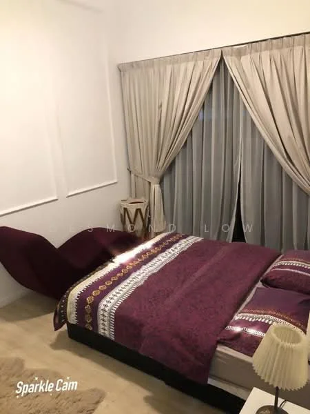Bedroom features: queen-size bed with purple bedding, upholstered headboard, two bedside lamps, curtains with sheer and blackout layers, white painted walls, wooden flooring, decorative wall paneling, side table; style: modern.