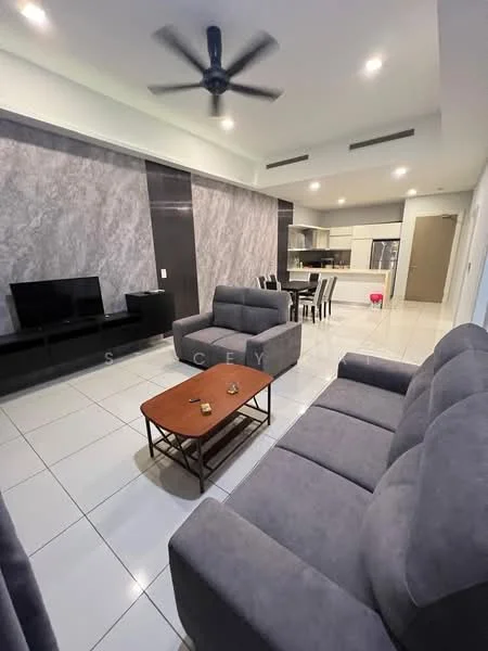 Living features: grey fabric 3-seater sofa, grey fabric 2-seater sofa, wooden coffee table, black TV console, wall-mounted TV, recessed downlights, ceiling fan, white painted walls, grey accent wall, glossy tile flooring; style: modern. Kitchen features: open kitchen layout, white cabinetry, stainless-steel appliances, kitchen island, bar stools, refrigerator, built-in oven, ceramic tile backsplash; style: modern.