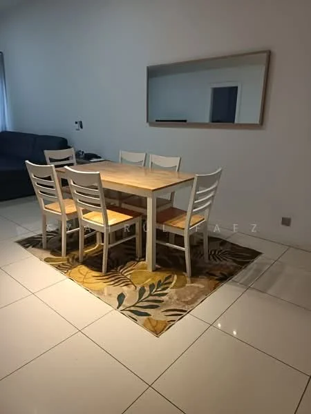 Dining features: 6-seater dining table, wooden dining table, white wooden chairs, upholstered seat cushions, area rug with floral pattern, large wall mirror, white painted walls, tile flooring, sofa visible in background, natural light from window; style: modern.