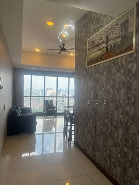 Living features: floor-to-ceiling windows, city view, 3-blade ceiling fan, recessed downlights, grey accent wall, cream tiled flooring, sofa, coffee table, decorative artwork, dining table with chairs; style: modern. Room features: wall with floral wallpaper, light fixtures.