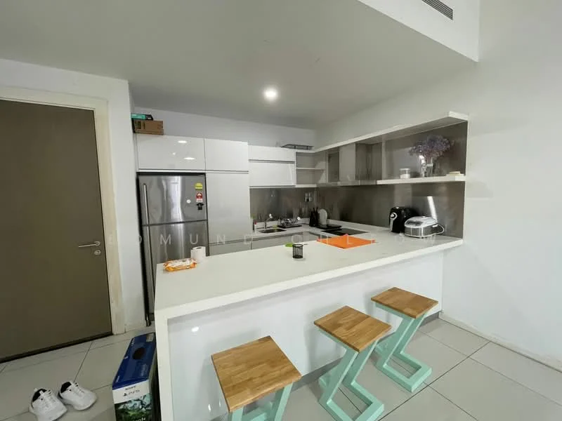 Kitchen features: white cabinetry, stainless-steel fridge, built-in oven, microwave, white countertop, grey backsplash, 3 wooden bar stools, ceramic tile flooring, recessed downlights, open shelving, kitchen island; style: modern.