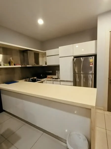 Kitchen features: white cabinetry, stainless-steel fridge, light-colored countertop, ceramic tile flooring, recessed ceiling lights, open shelving, built-in oven, kitchen island with seating, sink, modern faucet; style: modern.