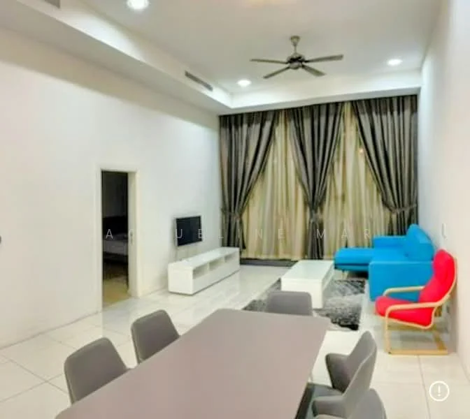 Living features: white painted walls, white tiled flooring, 5-blade ceiling fan with light, floor-to-ceiling windows with sheer curtains, blue fabric sofa, red accent chair, white TV console, wall-mounted TV, area rug with geometric pattern, dining table with grey chairs; style: modern. Room features: white painted walls, white tiled flooring, doorway leading to another room.