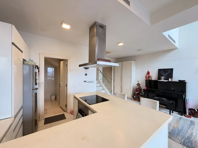 Kitchen features: white cabinetry, island countertop with seating, stainless-steel range hood, built-in oven, stainless-steel fridge, ceramic tile flooring, recessed downlights, open layout, wall-mounted TV, decorative Christmas tree, black piano, stainless-steel cooktop; style: modern.