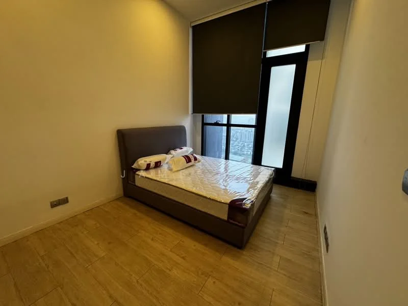 Bedroom features: queen-size bed, upholstered headboard, floor-to-ceiling window, blackout roller blinds, light wood flooring, white painted walls, decorative wall panel, built-in wardrobe; style: modern; view: city.