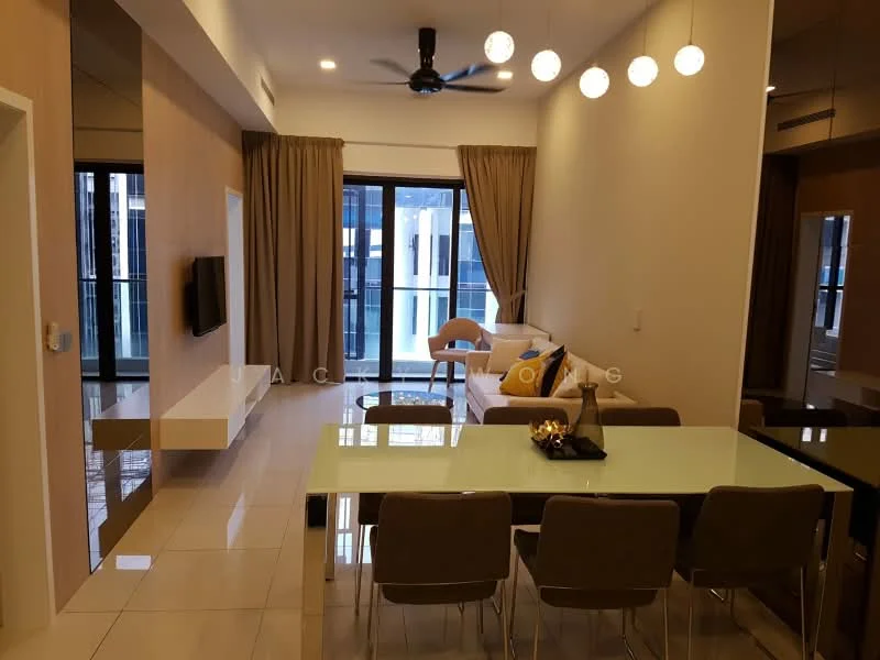 Living features: white painted walls, glossy tile flooring, 5-blade ceiling fan with light, sofa with cushions, coffee table, TV console, wall-mounted TV, floor-to-ceiling windows, curtains, decorative wall panel, dining table with chairs, decorative items on table; style: modern; view: city.
