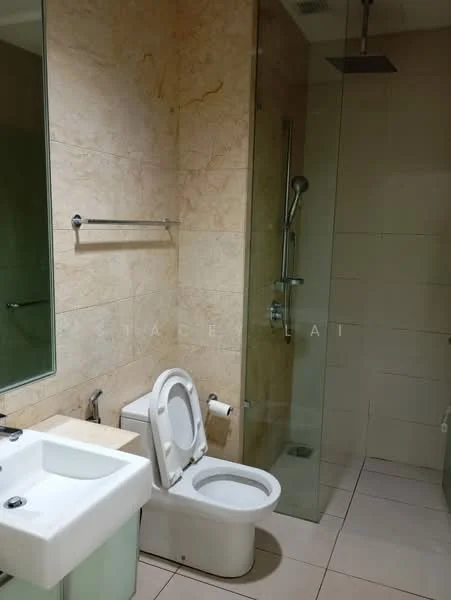 Bathroom features: single-sink vanity with white cabinet, chrome basin mixer faucet, framed mirror, one-piece toilet, walk-in shower with glass enclosure, rain shower head, handheld shower, tile cladding on walls, ceramic tile flooring, towel bar, glass shower partition; style: modern.