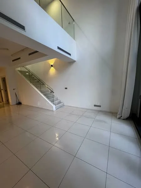 Living features: white painted walls, glossy tile flooring, staircase with glass railing, recessed downlights, large windows with sheer curtains, high ceiling, wall-mounted lighting, open layout; style: modern.