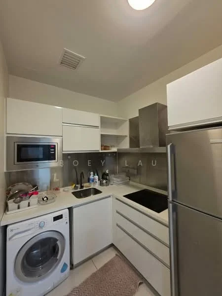 Kitchen features: white cabinetry, stainless-steel countertop, single-bowl stainless-steel sink, chrome pull-down faucet, built-in microwave, freestanding fridge, ceramic tile flooring, washing machine, open shelving, recessed ceiling lights, grey backsplash, kitchen island, dish rack; style: modern.
