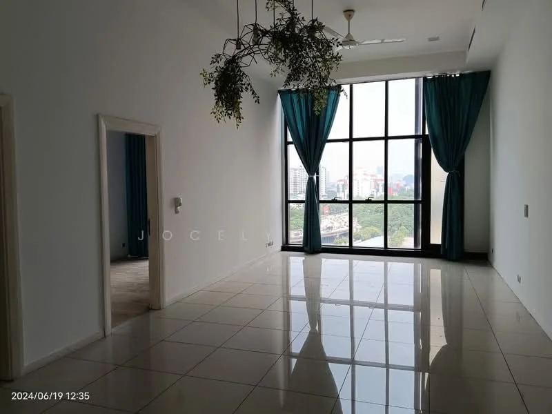 Living features: large floor-to-ceiling windows, white painted walls, glossy ceramic tile flooring, hanging indoor plants, blue curtains, ceiling fan, recessed downlights, open layout, city view; style: modern; view: city. Room features: white painted walls, doorway leading to another room.