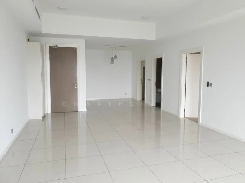 Living features: white painted walls, glossy ceramic tile flooring, recessed downlights, 2 pendant lights, single door, double door, open layout, large windows, neutral color scheme; style: modern.