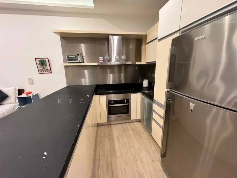 Kitchen features: stainless-steel refrigerator, built-in oven, stainless-steel range hood, black countertop, light wood cabinetry, silver microwave, ceramic tile flooring, wall-mounted shelves, sink, kitchen island, open shelving; style: modern.