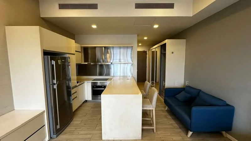 Kitchen features: stainless-steel fridge, built-in oven, 4-burner gas hob, stainless-steel range hood, white cabinetry, light wood countertop, open shelving, bar stools, tile backsplash, laminate flooring, recessed downlights; style: modern. Living features: blue fabric sofa, wooden coffee table, TV console, laminate flooring, recessed downlights; style: modern.