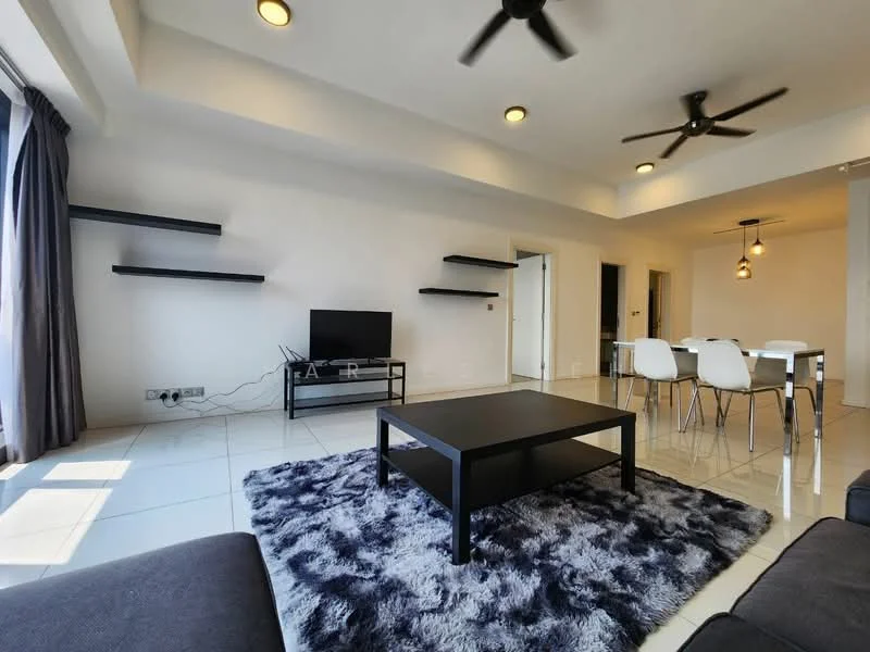 Living features: 3-seater black fabric sofa, black coffee table, area rug with geometric pattern, wall-mounted TV, 2 ceiling fans, white painted walls, recessed downlights, floor-to-ceiling windows with sheer curtains, tile flooring, open shelving units on walls; style: modern. Dining features: 6-seater dining table, white dining chairs, pendant light above dining table, white painted walls, tile flooring; style: modern.