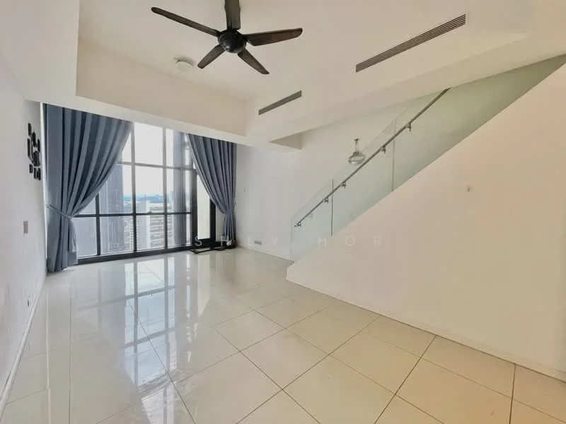 Living features: large floor-to-ceiling windows, grey curtains, white painted walls, polished tile flooring, 5-blade ceiling fan, glass railing, open space, natural light; style: modern; view: city.