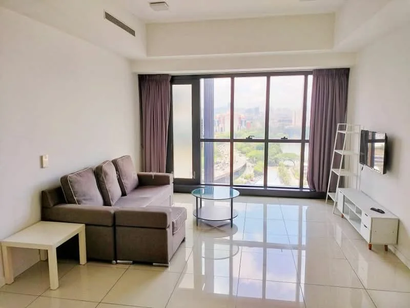 Living features: grey fabric sofa, glass coffee table, white TV console, wall-mounted TV, floor-to-ceiling windows, sheer curtains, white painted walls, glossy tile flooring, city view, decorative shelving unit; style: modern; view: city.