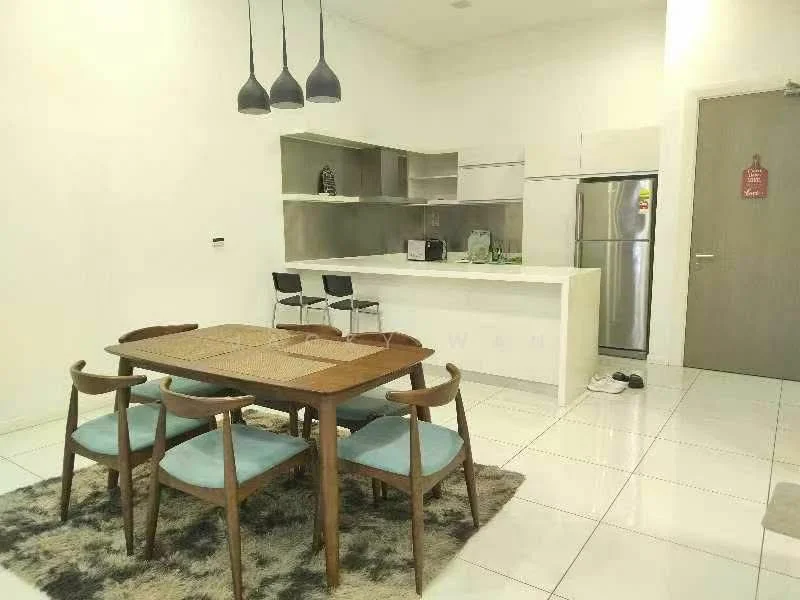 Dining features: 6-seater dining table, wooden dining table, upholstered dining chairs in blue, area rug, white cabinetry, stainless-steel fridge, built-in microwave, kitchen countertop, pendant lighting, white tiled flooring, open shelving; style: modern. Kitchen features: white cabinetry, stainless-steel fridge, built-in microwave, kitchen countertop, open shelving, white tiled flooring; style: modern.