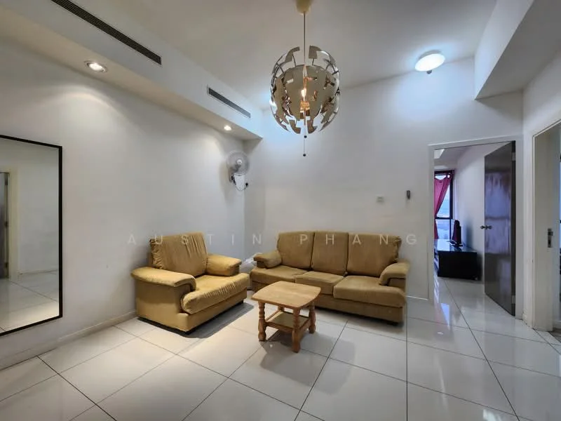 Living features: beige fabric sofa, wooden coffee table, white painted walls, glossy white tile flooring, ceiling light fixture, wall-mounted fan, full-length mirror, recessed ceiling lights; style: modern.