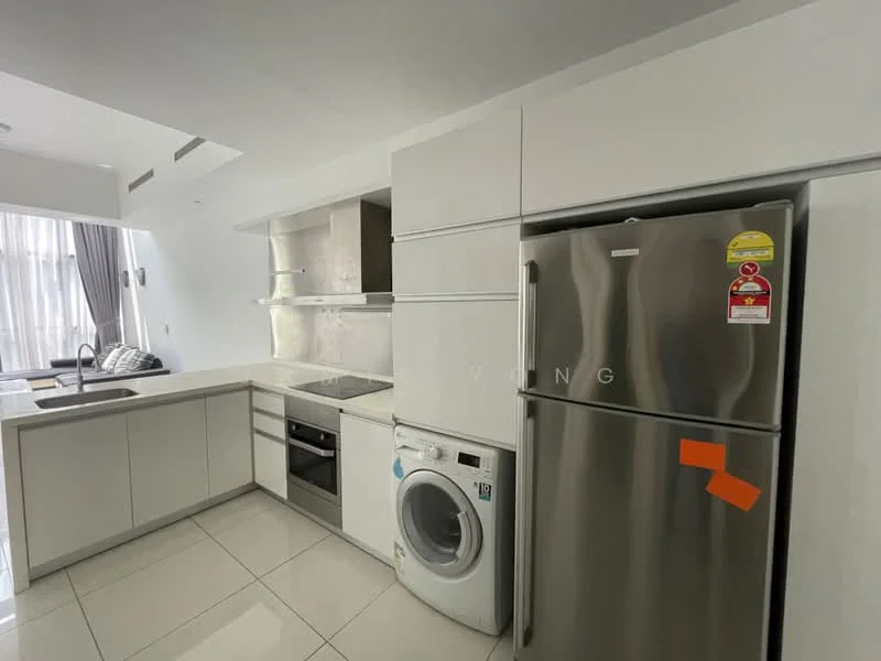 Kitchen features: white cabinetry, stainless-steel fridge, built-in oven, 4-burner gas hob, single-bowl stainless-steel sink, chrome pull-down faucet, white quartz countertop, ceramic tile flooring, recessed downlights, washing machine, grey backsplash, open shelving; style: modern.
