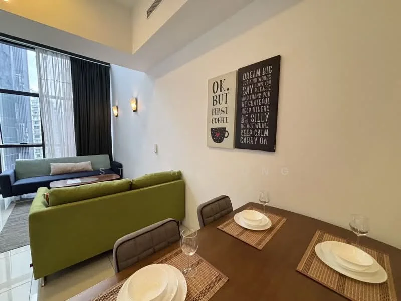 Living features: floor-to-ceiling windows, green fabric sofa, grey fabric sofa, dining table with 4 chairs, decorative wall art, recessed downlights, white painted walls, marble flooring, area rug, glass diningware; style: modern; view: city.