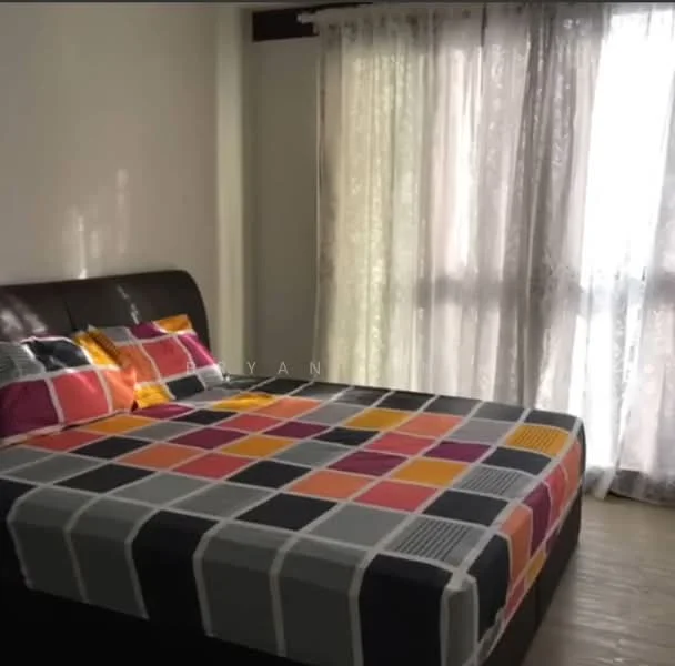 Bedroom features: queen-size bed with patterned bedding, upholstered headboard, bedside pillows, floor-to-ceiling windows, sheer curtains, wooden flooring, decorative wall art, natural light; style: modern.