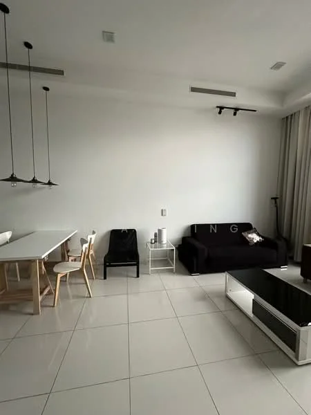 Living features: white painted walls, glossy white tile flooring, recessed downlights, 5-blade ceiling fan, black fabric sofa, glass coffee table, dining table with wooden legs, 4 dining chairs, curtains, floor lamp; style: modern.