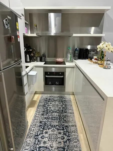 Kitchen features: stainless-steel fridge, built-in oven, stainless-steel range hood, ceramic cooktop, white cabinetry, white countertop, open shelving, decorative area rug, kitchen utensils, water bottle, coffee machine, dish rack; style: modern.