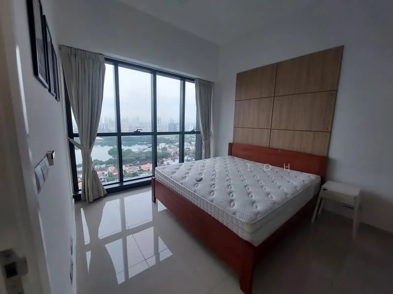 Bedroom features: king-size bed frame, mattress on bed frame, floor-to-ceiling windows, city view, white sheer curtains, light grey walls, glossy tile flooring, wooden accent wall behind bed, nightstand, decorative wall panels; style: modern; view: city.