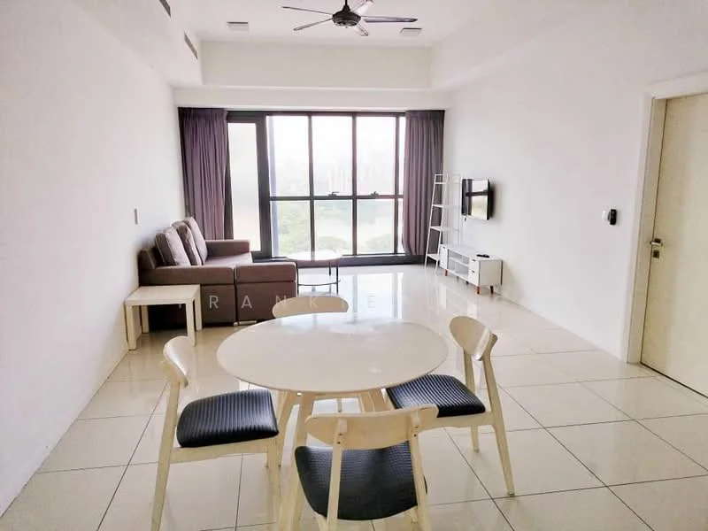 Living features: light grey walls, white ceiling, 5-blade ceiling fan, floor-to-ceiling windows, sliding glass door, grey fabric sofa, white round dining table, 4 white dining chairs with black cushions, TV console, wall-mounted TV, tile flooring; style: modern; view: garden.