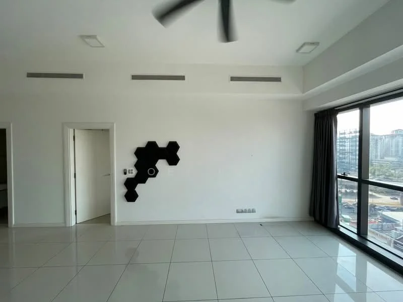 Living features: white painted walls, glossy tile flooring, 5-blade ceiling fan, floor-to-ceiling windows, grey curtains, hexagonal wall decor, recessed lighting, door leading to another room; style: modern; view: city.