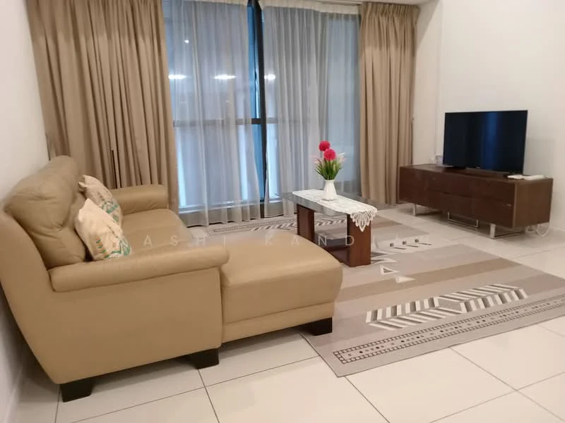 Living features: L-shape sectional sofa in beige, decorative cushions, coffee table with lace tablecloth, wall-mounted TV, TV console in dark wood, area rug with geometric pattern, floor-to-ceiling windows with sheer curtains, cream painted walls, white tiled flooring; style: modern.