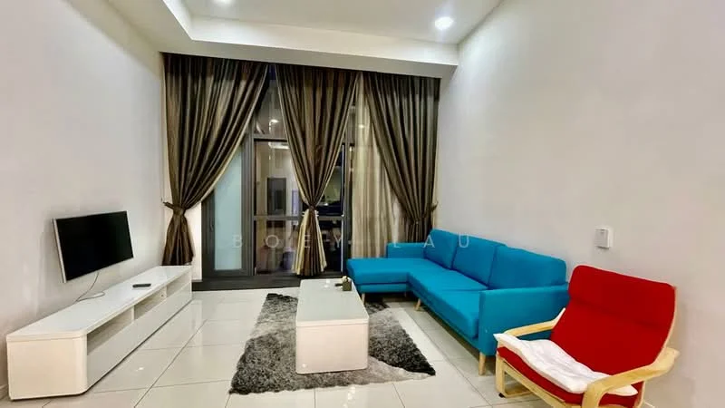 Living features: blue fabric sofa, white coffee table, wall-mounted TV, TV console in white, area rug in grey, floor-to-ceiling windows, sheer curtains, dark brown curtains, armchair in red, recessed downlights, white painted walls, glossy tile flooring; style: modern.