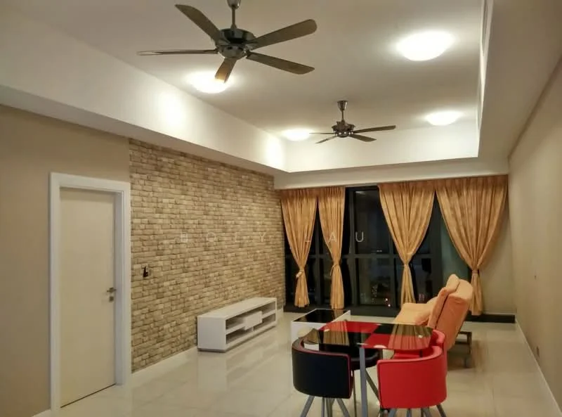 Living features: cream painted walls, exposed brick accent wall, polished tile flooring, 2 ceiling fans, recessed downlights, large windows with city view, sheer curtains, orange sofa, black dining table with 4 chairs, TV console; style: modern; view: city.