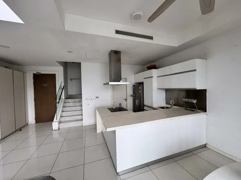 Kitchen features: white cabinetry, marble countertop, stainless-steel range hood, built-in oven, stainless-steel fridge, ceramic tile flooring, recessed downlights, island with cooktop, open layout, wall-mounted cabinets, single-bowl stainless-steel sink, chrome pull-down faucet; style: modern. Room features: staircase, white walls, large windows, ceiling fan.